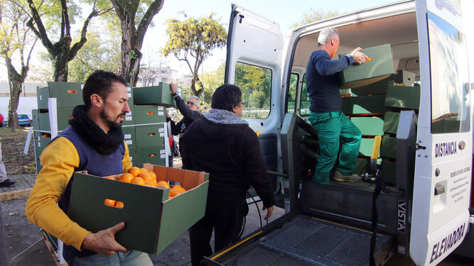 Un grupo de voluntarios carga una furgoneta con naranjas en el Banco de Alimentos.