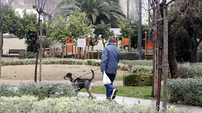 Un hombre pasea su perro por los jardines de Orive.