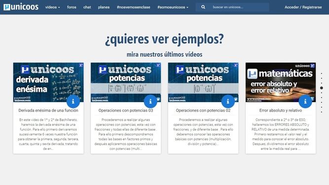Página de inicio de 'Unicoos.com'.
