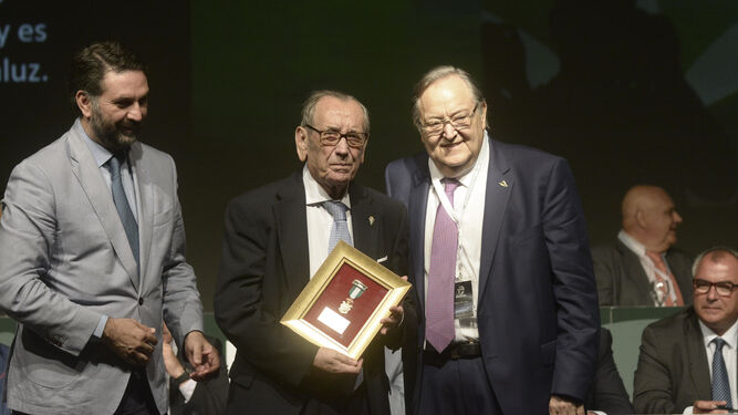 Rafael Campanero recibe la Medalla de Oro de la RFAF junto al consejero de la Junta y el presidente del organismo.
