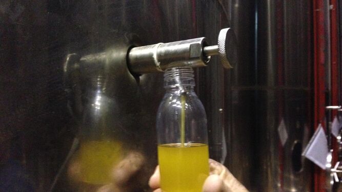 Una persona llena una pequeña botella de aceite en una almazara de Lucena.