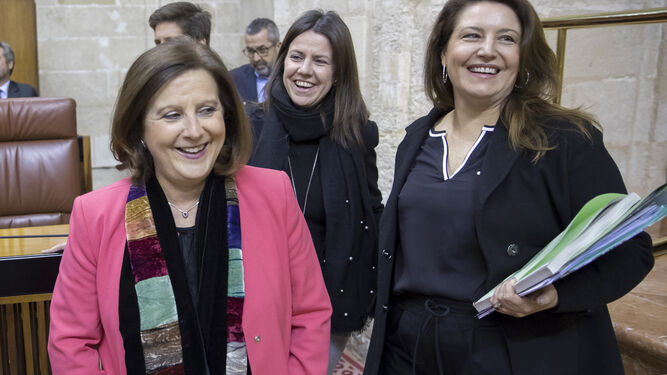 La consejera de Igualdad, María José Sánchez Rubio, y la portavoz del PP, Carmen Crespo, ayer en el Parlamento.