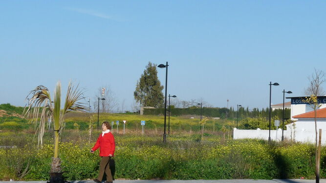 Una mujer camina por los terrenos donde se alzará el futuro complejo hospitalario.