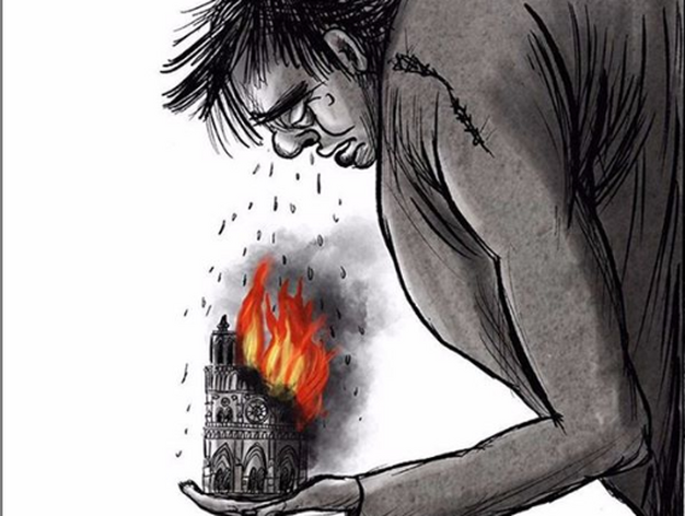 Ilustraci&oacute;n en la que Quasimodo llora apenado por el incendio de Notre Dame y con sus l&aacute;grimas apaga el fuego.