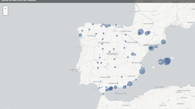 Mapa que muestra los puntos con más densidad turística de España.