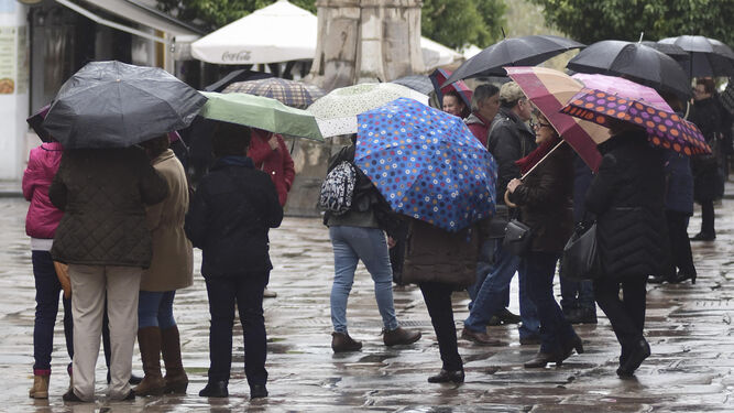 Un grupo de personas pasea por la plaza del Potro bajo la lluvia.