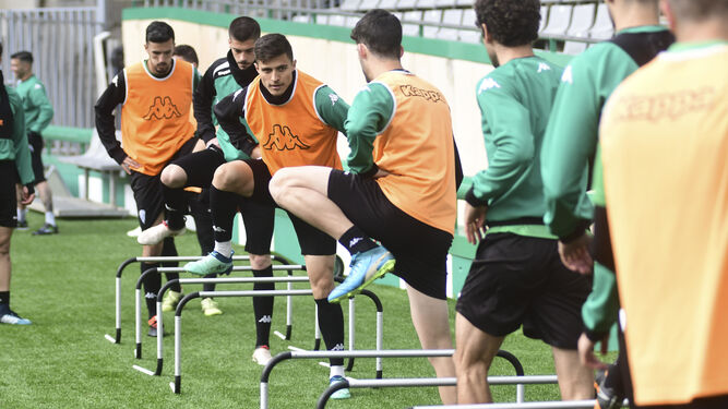 Los jugadores del Córdoba completan un ejercicio de calentamiento durante el entrenamiento de ayer en El Arcángel.