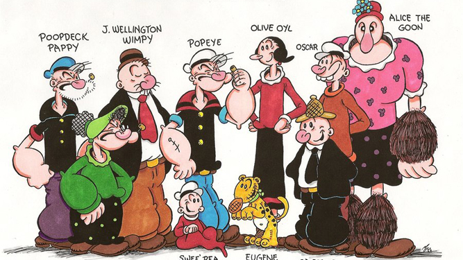 Los personajes principales de 'Popeye el marino'.