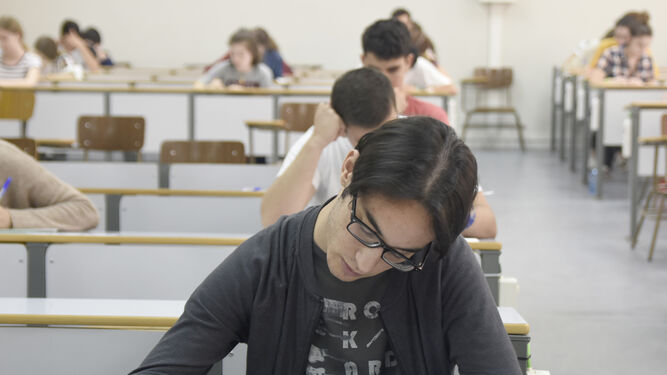 Un alumno, concentrado, realiza uno de los exámenes.