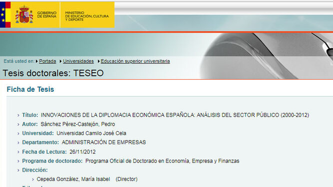 La página de Teseo donde se aloja la tesis doctoral del presidente del Gobierno, Pedro Sánchez.