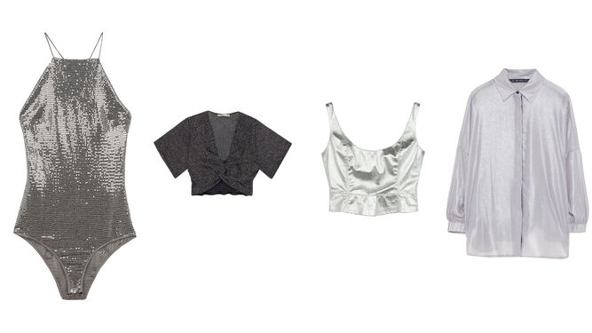 De izquierda a derecha: body plateado de Bershka; top de manga corta cruzado de Pull &amp; Bear; top metalizado de Bershka; camisa de tejido estilo lam&eacute; de Zara.