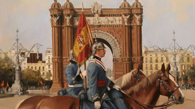 Un cuadro de Ferrer-Dalmau, con dos jinetes con la enseña española en Barcelona