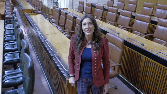 Loles López, en el hemiciclo del Parlamento andaluz.