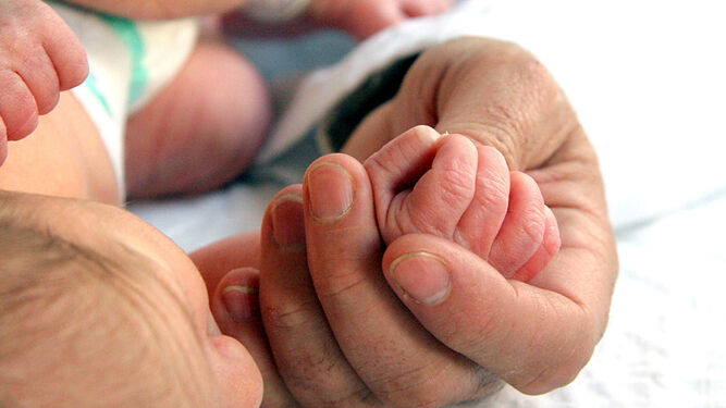 Un padre toma la mano de un recién nacido.