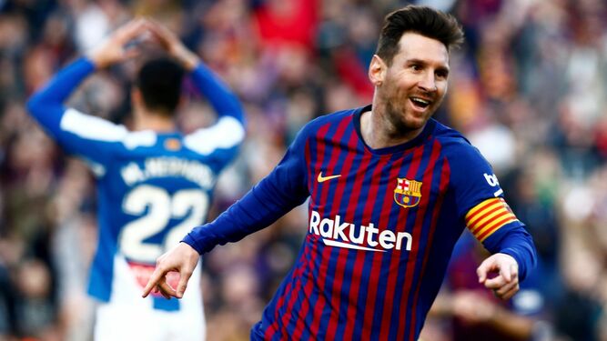 Messi celebra uno de sus tantos frente al Espanyol.