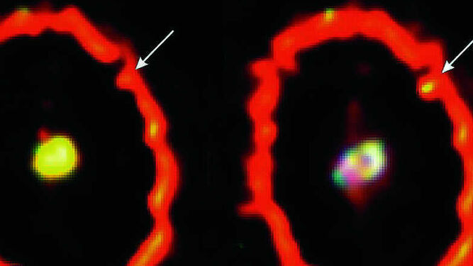 La supernova, a la izquierda como era en 1994. A la derecha, muestra un brillo arriba en la derecha por una colisi&oacute;n de una estrella.
