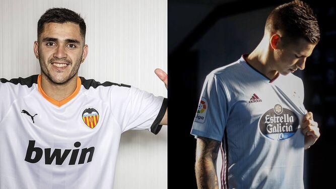 Maxi Gómez y Santi Mina posan con las camisetas de sus nuevos equipos.