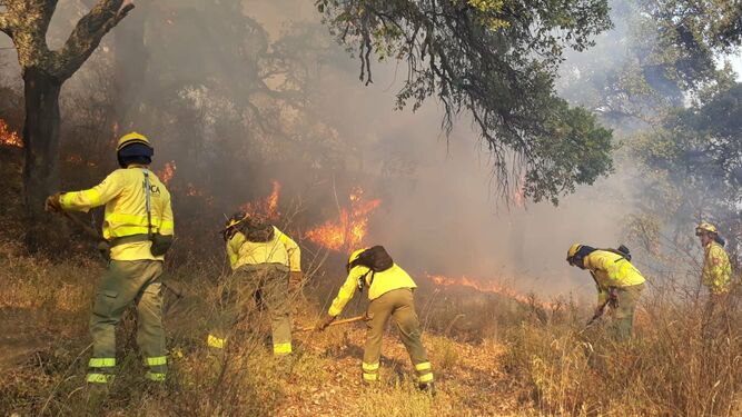 Los efectivos del Infoca trabajando en el incendio de Almonaster.