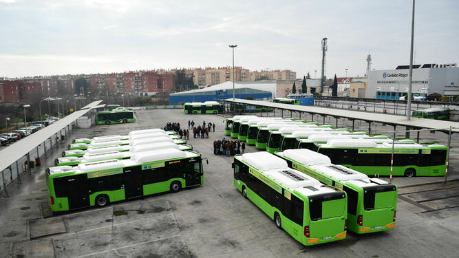 Autobuses de Aucorsa en las cocheras de la empresa.