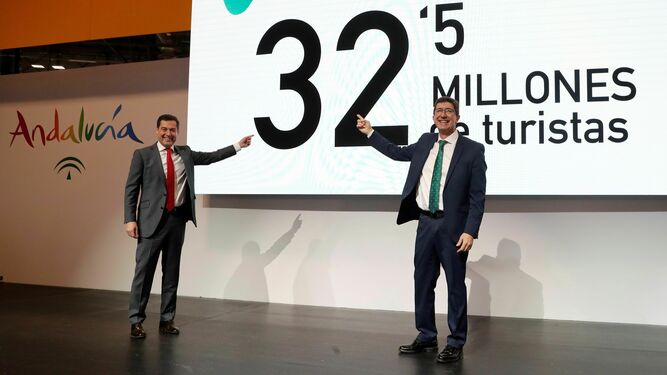El presidente de la Junta, Juanma Moreno y su vicepresidente Juan Marín, en la presentación del stand de Andalucía en Fitur.