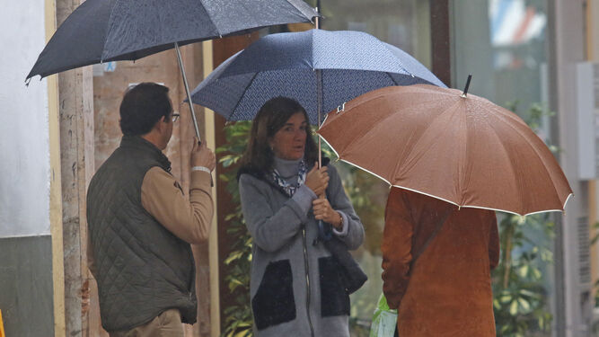 Varias personas conversan debajo de sus paraguas.
