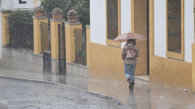 Una joven se protege de la lluvia en una calle de Córdoba.
