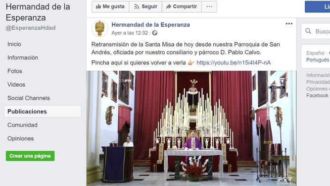 Retransmisión de la misa por vía telemática desde el Facebook de La Esperanza