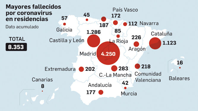 Este es el mapa de los mayores fallecidos con coronavirus en residencias españolas.