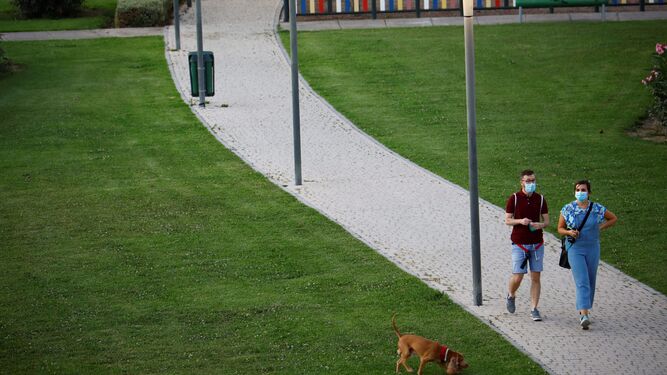 Dos jóvenes pasean con un perro por un parque de Córdoba.