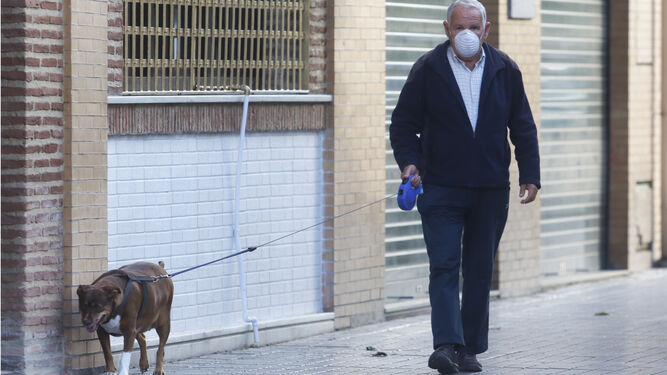 Un hombre camina con su perro por una calle de la capital.