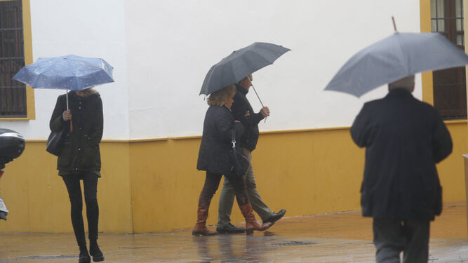 Varias personas caminan protegidas de la lluvia en Córdoba.
