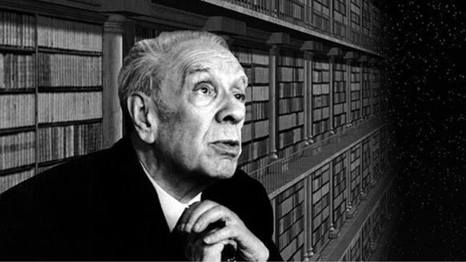 Un Borges anciano, rodeado de una de las posibles formas del laberinto