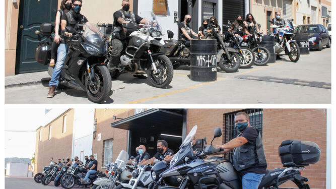 Miembros de Más Gas (arriba) y Alas MC (abajo) con sus motos en las entradas de sus sedes.