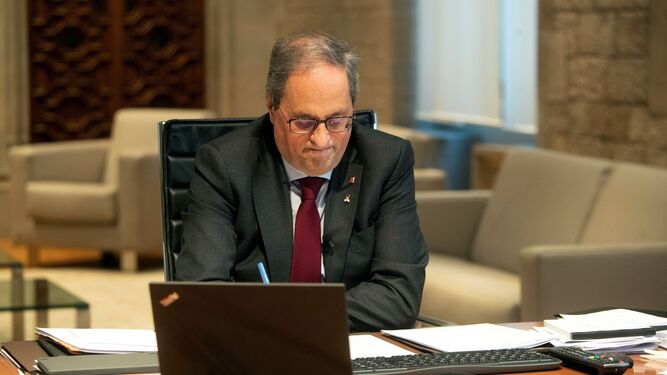 El presidente de la Generalitat, Quim Torra, durante la inauguración telemática de la Jornada Virtual Participativa, este lunes desde el Palau de la Generalitat.