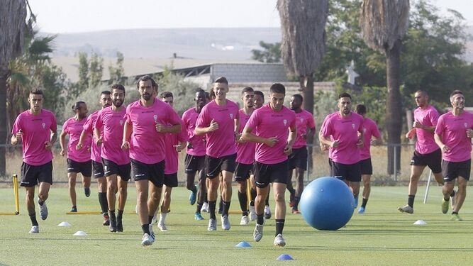 Los jugadores del Córdoba CF calientan antes de empezar un entrenamiento.