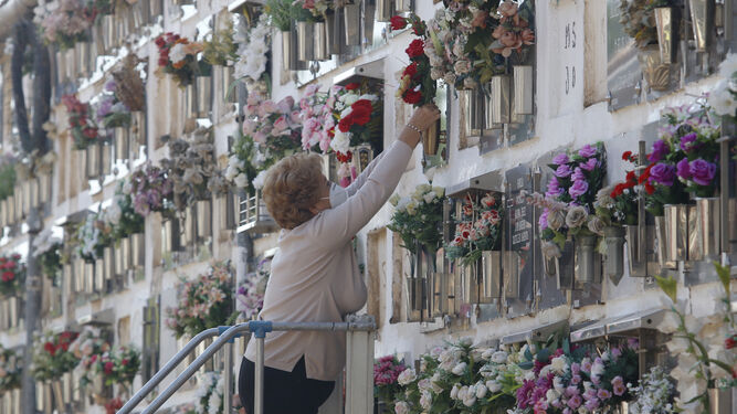 Un mujer deposita flores en el cementerio de San Rafael.