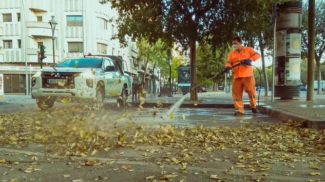 Un trabajador de Sadeco desinfectando una calle de Córdoba