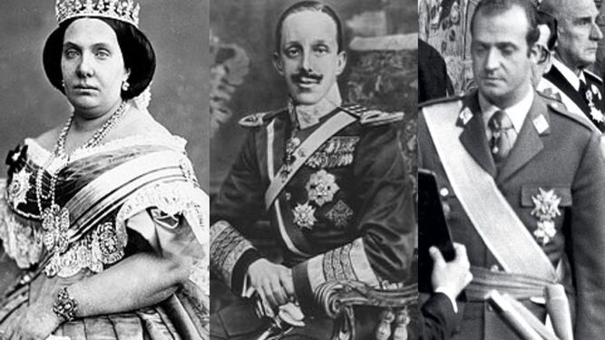 De izquierda a derecha, Isabel II de España, Alfonso XXI y el rey Juan Carlos I.