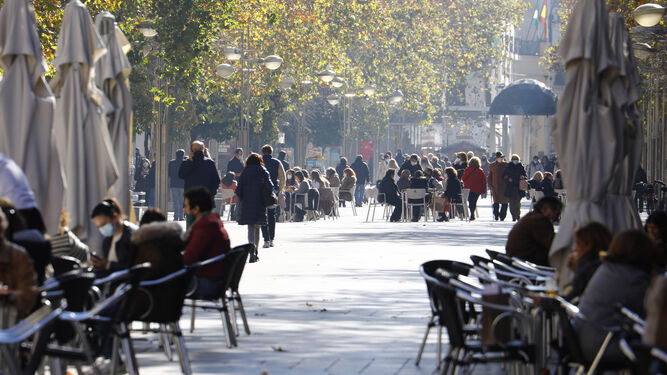 Personas en las terrazas del centro de Córdoba.