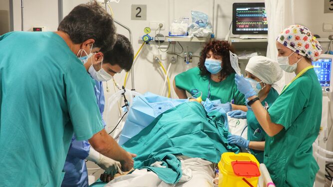 Varios profesionales del Reina Sofía atienden a un paciente.