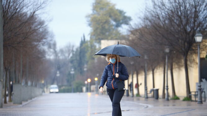 Una mujer pasea bajo un paraguas por el entorno de la Puerta de la Puente.