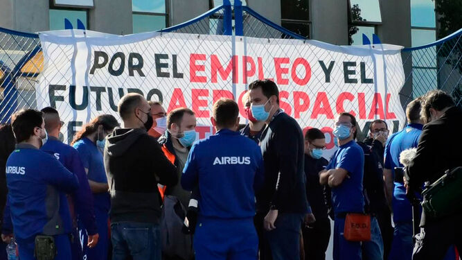 Manifestación de trabajadores en la factoría de Airbus en Puerto Real