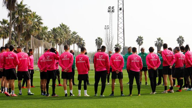 Alfaro y los jugadores del Córdoba CF, reuinidos antes de empezar un entrenamiento.