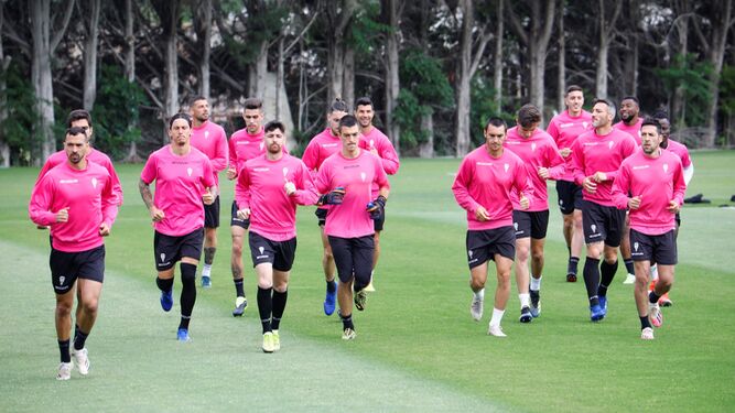 Los jugadores del Córdoba CF inician la sesión de este miércoles en la Ciudad Deportiva.