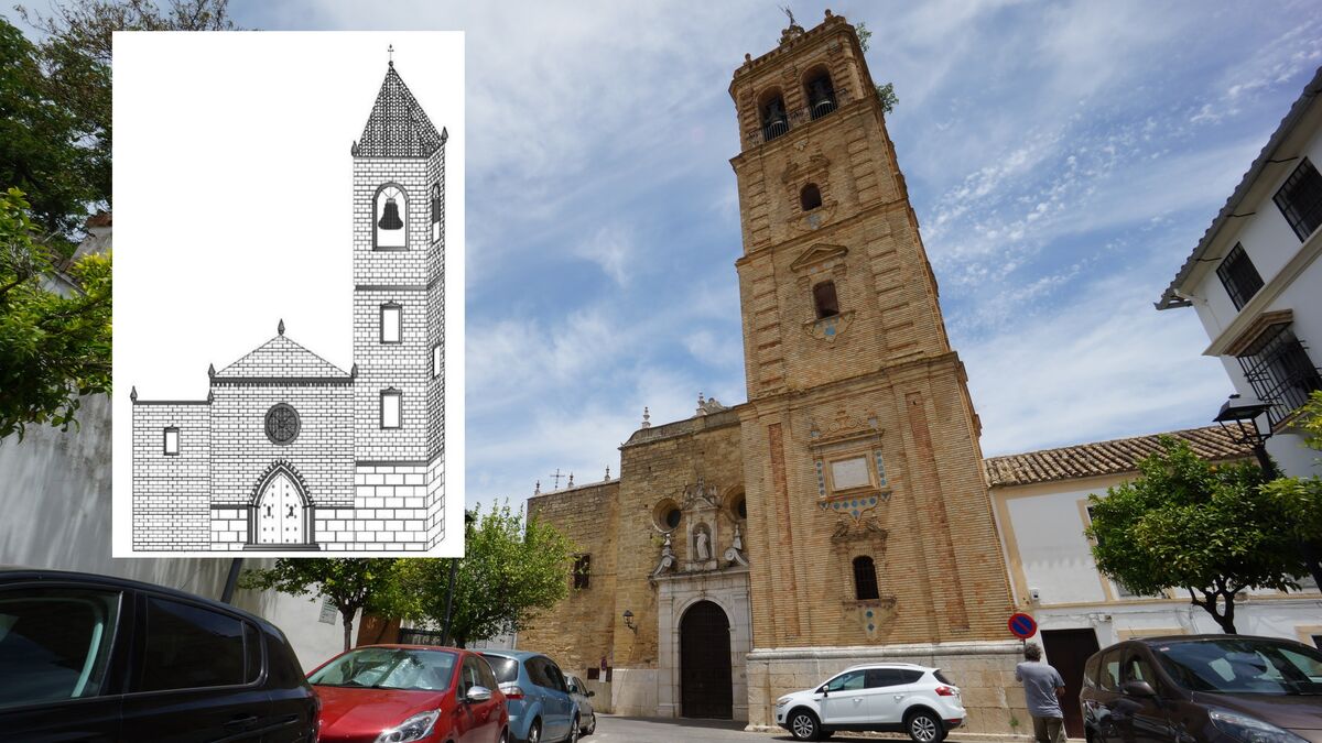 La parroquia de Santiago, junto a la reproducción de Araceli Calvo.