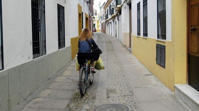 Una mujer circula en bici por la calle Zarco.
