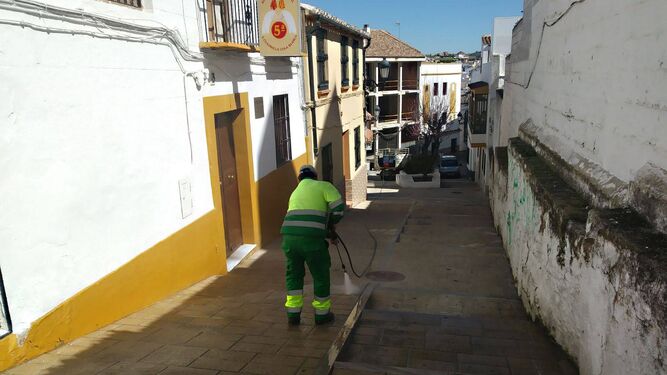 Un trabajador del servicio de limpieza viaria de Baena.