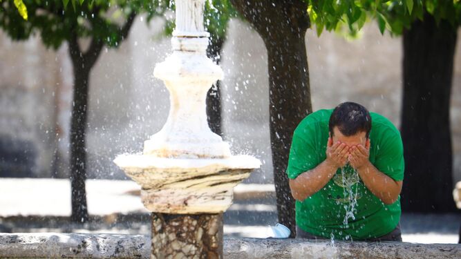 Un hombre se refresca en la fuente del Patio de los Naranjos.