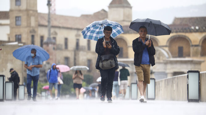 Turistas cruzan el Puente Romano bajo los paraguas.