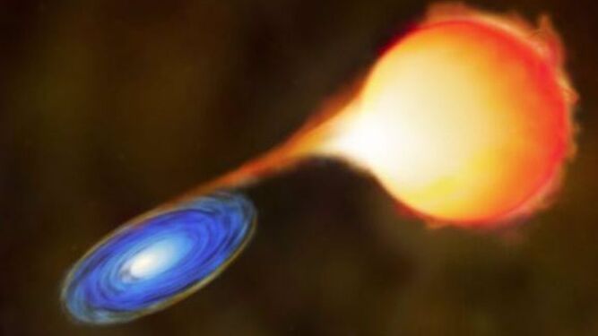 En el binario llamado Mira, una estrella gigante roja transfiere masa a una enana blanca